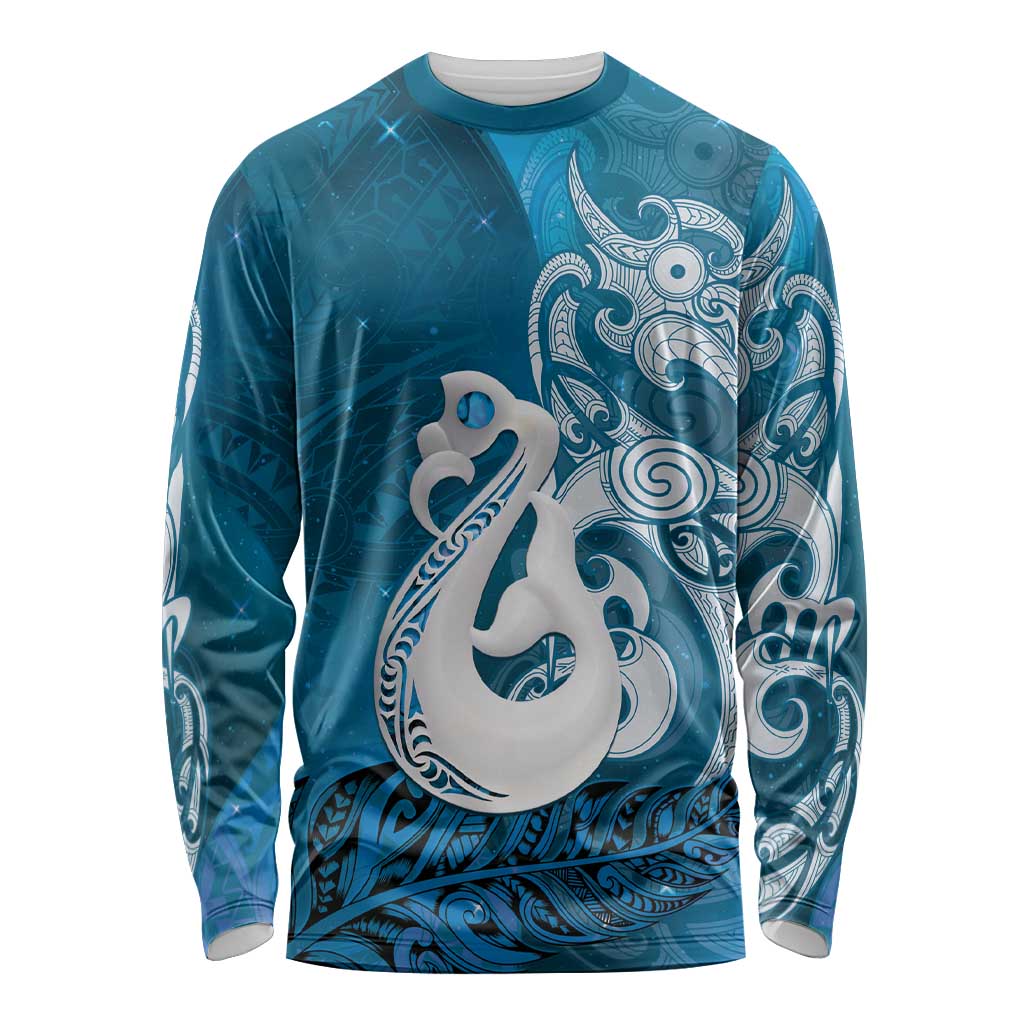 New Zealand Matariki Long Sleeve Shirt Maori Manaia Galaxy Silver Fern Blue Color