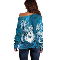 New Zealand Matariki Off Shoulder Sweater Maori Manaia Galaxy Silver Fern Blue Color