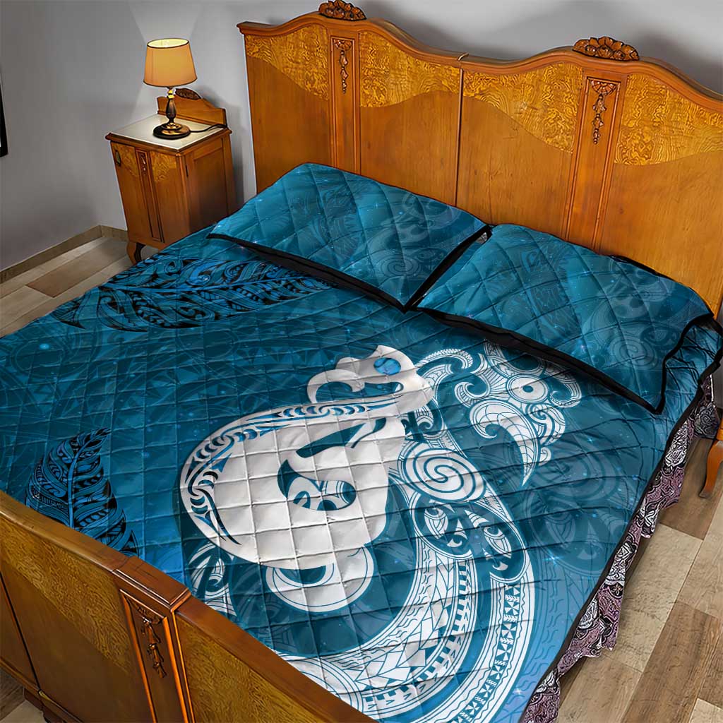 New Zealand Matariki Quilt Bed Set Maori Manaia Galaxy Silver Fern Blue Color