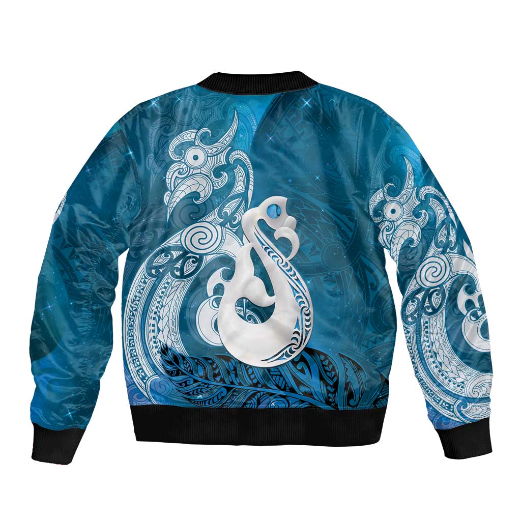 New Zealand Matariki Sleeve Zip Bomber Jacket Maori Manaia Galaxy Silver Fern Blue Color