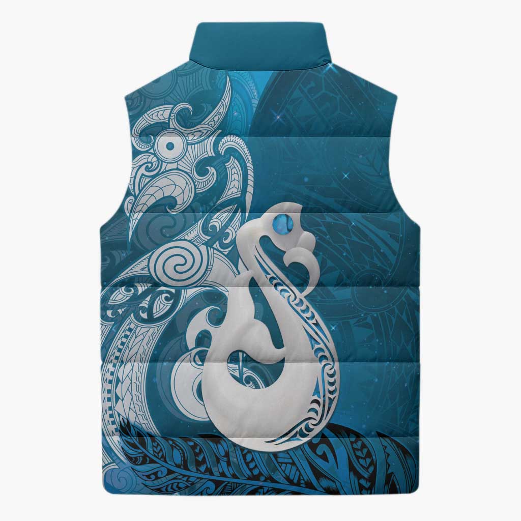 New Zealand Matariki Sleeveless Puffer Jacket Maori Manaia Galaxy Silver Fern Blue Color
