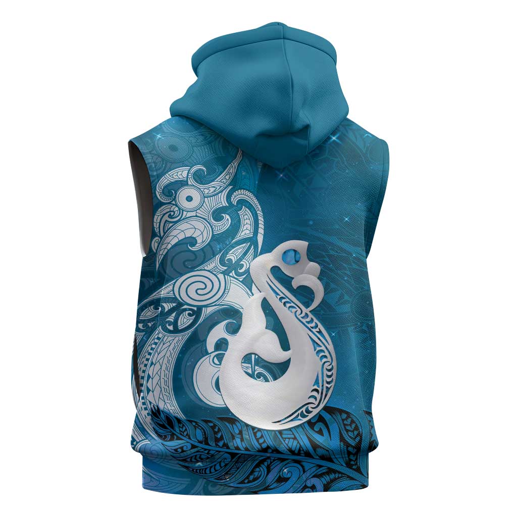 New Zealand Matariki Sleeveless Zip Hoodie Maori Manaia Galaxy Silver Fern Blue Color