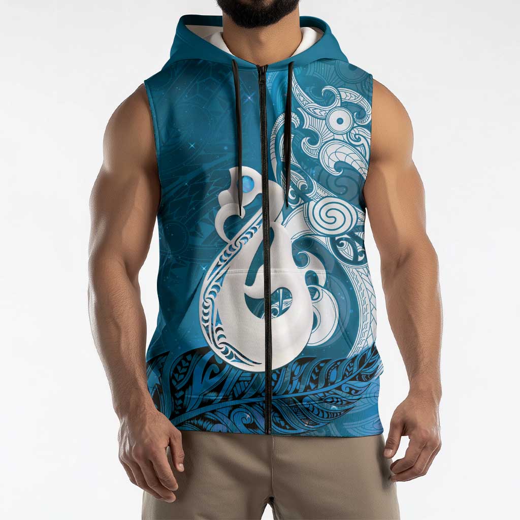 New Zealand Matariki Sleeveless Zip Hoodie Maori Manaia Galaxy Silver Fern Blue Color