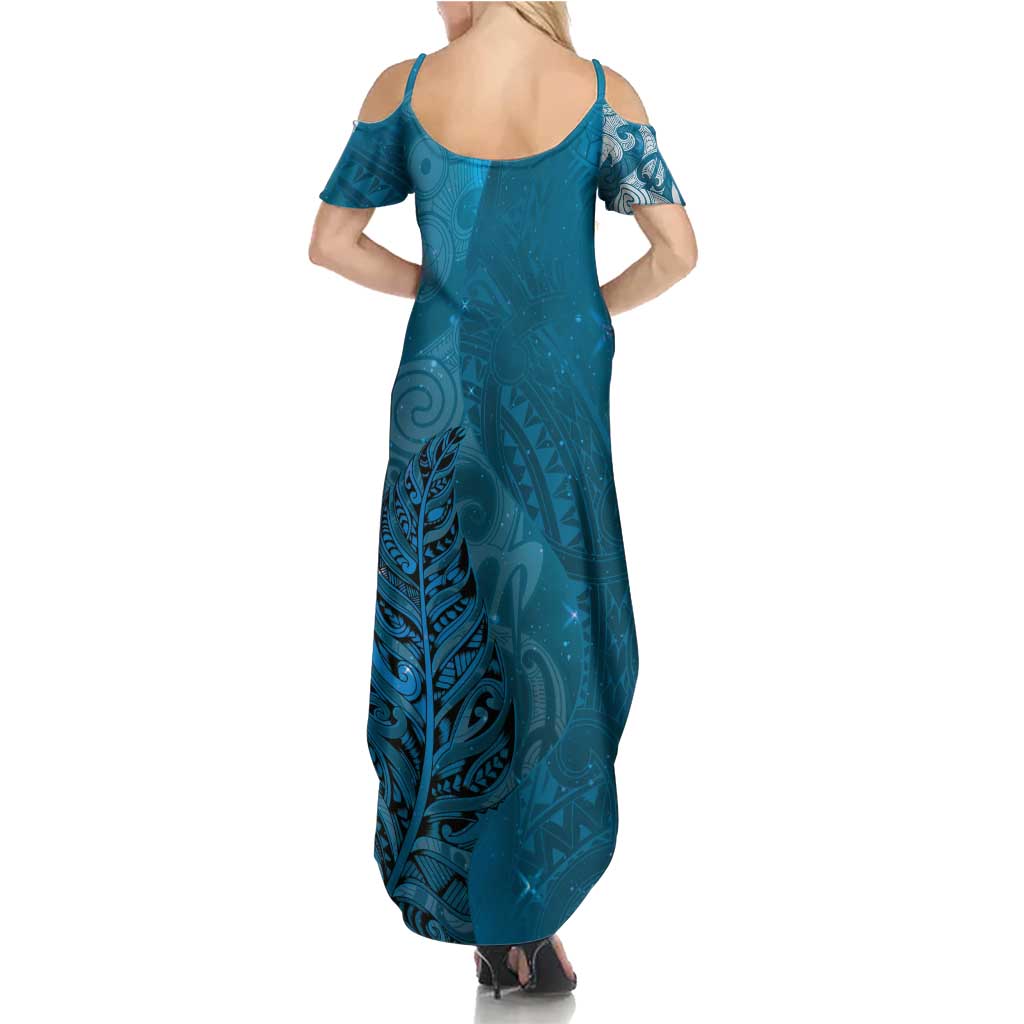 New Zealand Matariki Summer Maxi Dress Maori Manaia Galaxy Silver Fern Blue Color LT22 - Polynesian Pride