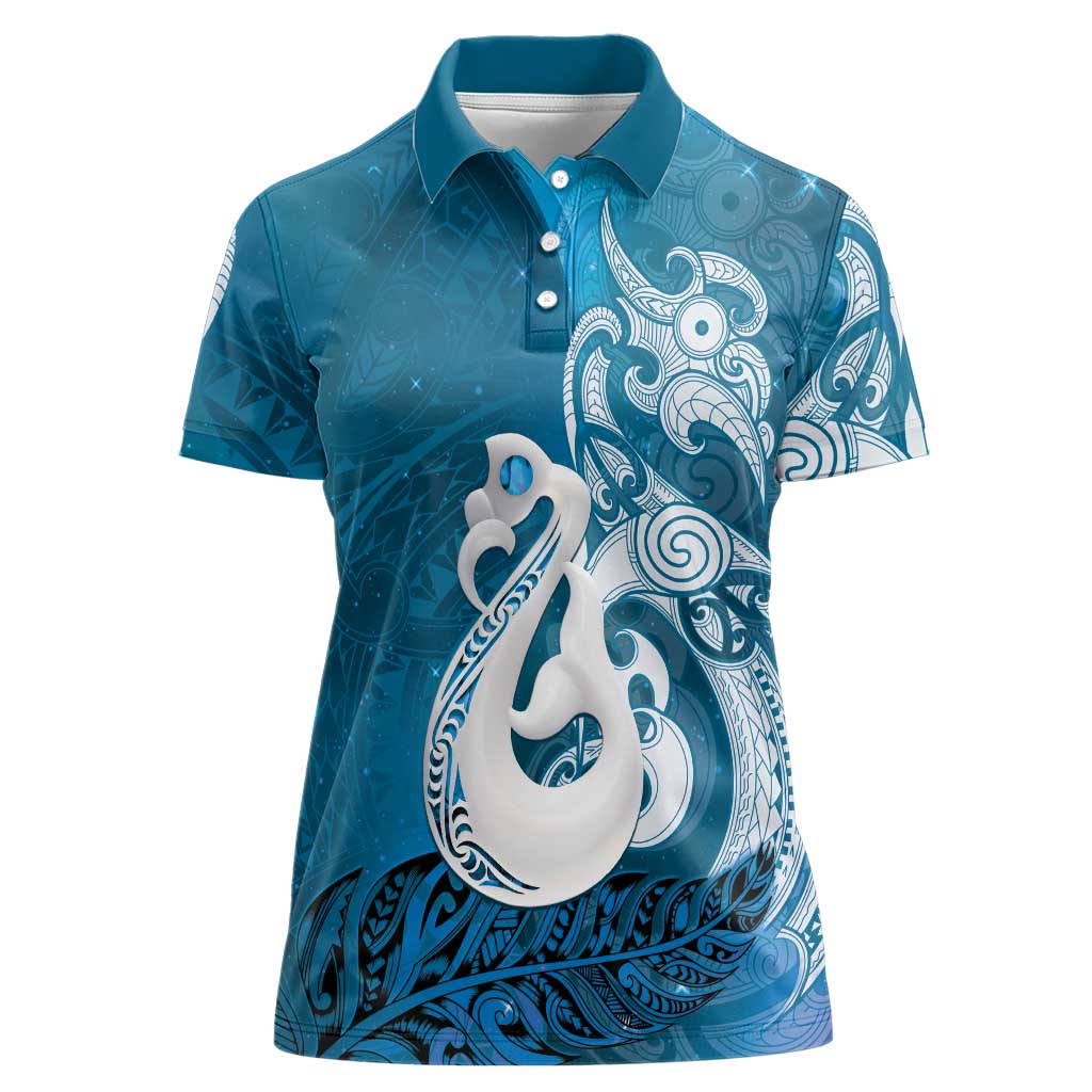 New Zealand Matariki Women Polo Shirt Maori Manaia Galaxy Silver Fern Blue Color