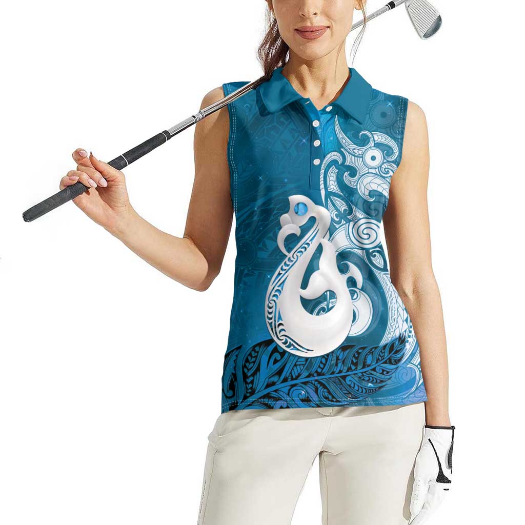 New Zealand Matariki Women Sleeveless Polo Shirt Maori Manaia Galaxy Silver Fern Blue Color