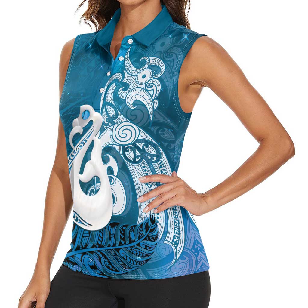 New Zealand Matariki Women Sleeveless Polo Shirt Maori Manaia Galaxy Silver Fern Blue Color