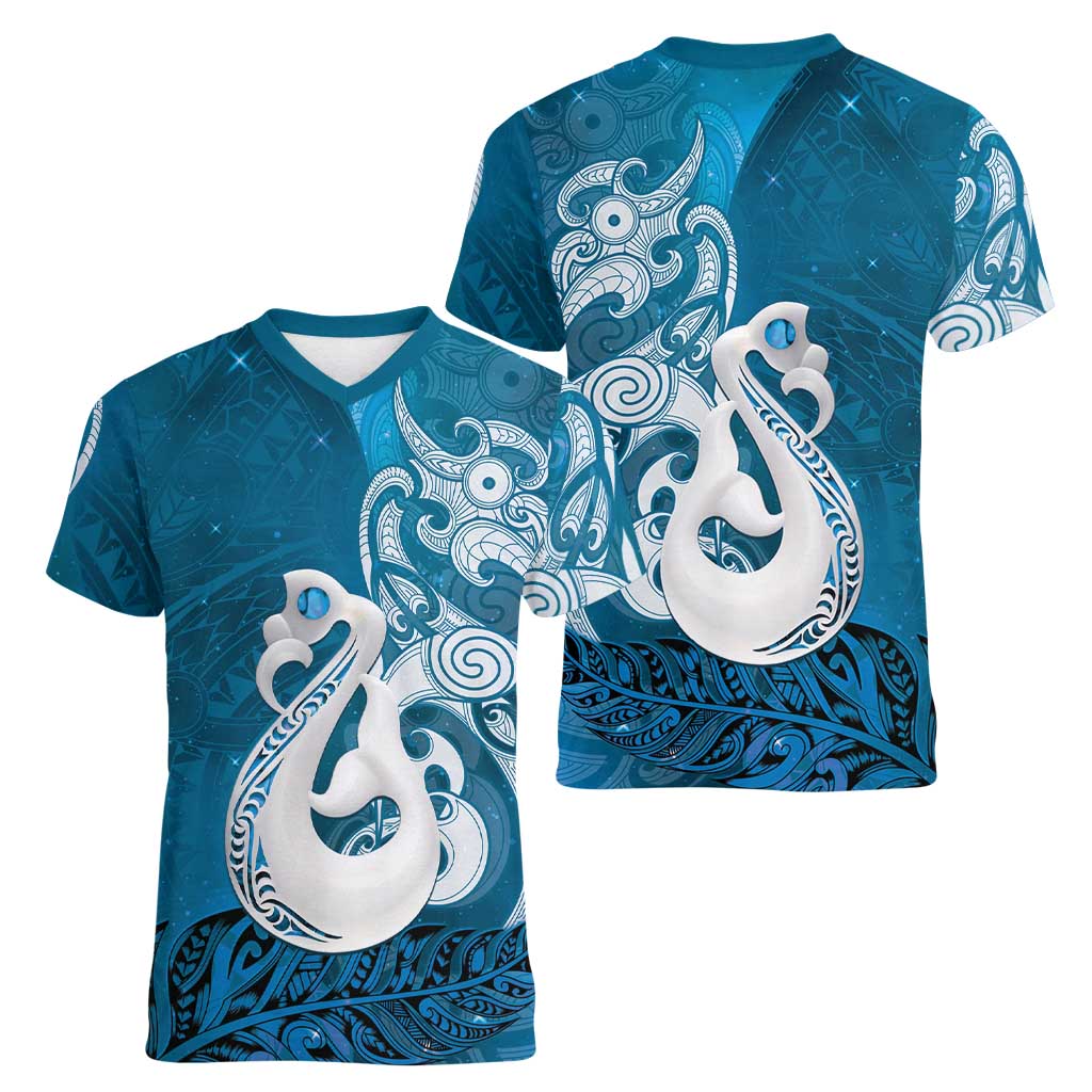 New Zealand Matariki Women V-Neck T-Shirt Maori Manaia Galaxy Silver Fern Blue Color
