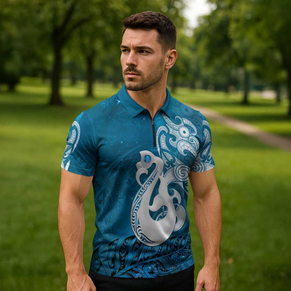 New Zealand Matariki Zipper Polo Shirt Maori Manaia Galaxy Silver Fern Blue Color