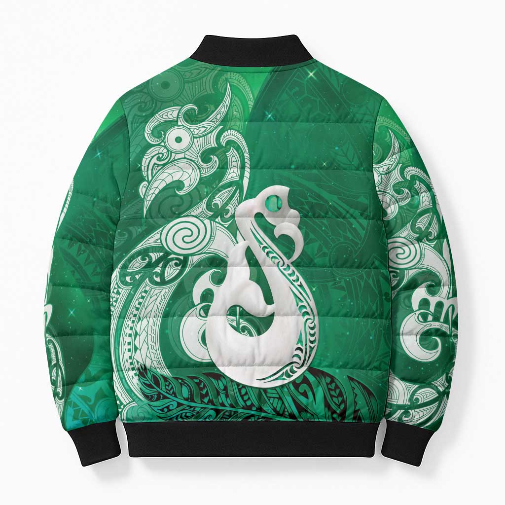 New Zealand Matariki Bomber Puffer Jacket Maori Manaia Galaxy Silver Fern Green Color