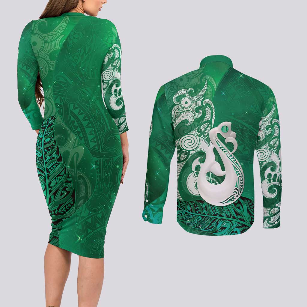 New Zealand Matariki Couples Matching Long Sleeve Bodycon Dress and Long Sleeve Button Shirt Maori Manaia Galaxy Silver Fern Green Color
