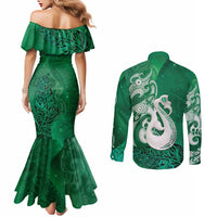 New Zealand Matariki Couples Matching Mermaid Dress and Long Sleeve Button Shirt Maori Manaia Galaxy Silver Fern Green Color