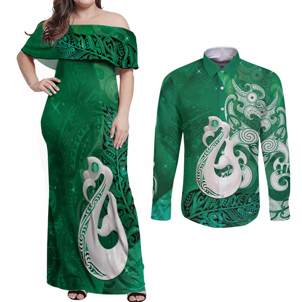 New Zealand Matariki Couples Matching Off Shoulder Maxi Dress and Long Sleeve Button Shirt Maori Manaia Galaxy Silver Fern Green Color