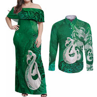 New Zealand Matariki Couples Matching Off Shoulder Maxi Dress and Long Sleeve Button Shirt Maori Manaia Galaxy Silver Fern Green Color