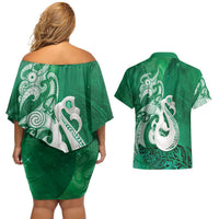 New Zealand Matariki Couples Matching Off Shoulder Short Dress and Hawaiian Shirt Maori Manaia Galaxy Silver Fern Green Color