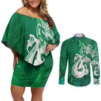 New Zealand Matariki Couples Matching Off Shoulder Short Dress and Long Sleeve Button Shirt Maori Manaia Galaxy Silver Fern Green Color