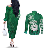 New Zealand Matariki Couples Matching Off The Shoulder Long Sleeve Dress and Long Sleeve Button Shirt Maori Manaia Galaxy Silver Fern Green Color