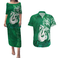 New Zealand Matariki Couples Matching Puletasi and Hawaiian Shirt Maori Manaia Galaxy Silver Fern Green Color