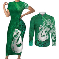 New Zealand Matariki Couples Matching Short Sleeve Bodycon Dress and Long Sleeve Button Shirt Maori Manaia Galaxy Silver Fern Green Color