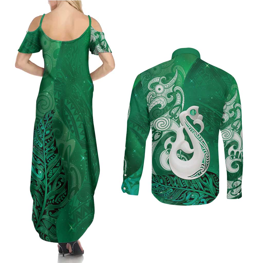 New Zealand Matariki Couples Matching Summer Maxi Dress and Long Sleeve Button Shirt Maori Manaia Galaxy Silver Fern Green Color