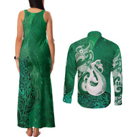 New Zealand Matariki Couples Matching Tank Maxi Dress and Long Sleeve Button Shirt Maori Manaia Galaxy Silver Fern Green Color