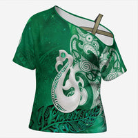 New Zealand Matariki Cross Shoulder Shirt Maori Manaia Galaxy Silver Fern Green Color