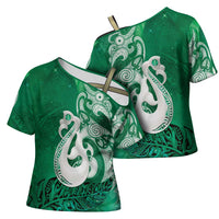 New Zealand Matariki Cross Shoulder Shirt Maori Manaia Galaxy Silver Fern Green Color