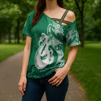 New Zealand Matariki Cross Shoulder Shirt Maori Manaia Galaxy Silver Fern Green Color