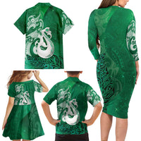 New Zealand Matariki Family Matching Long Sleeve Bodycon Dress and Hawaiian Shirt Maori Manaia Galaxy Silver Fern Green Color