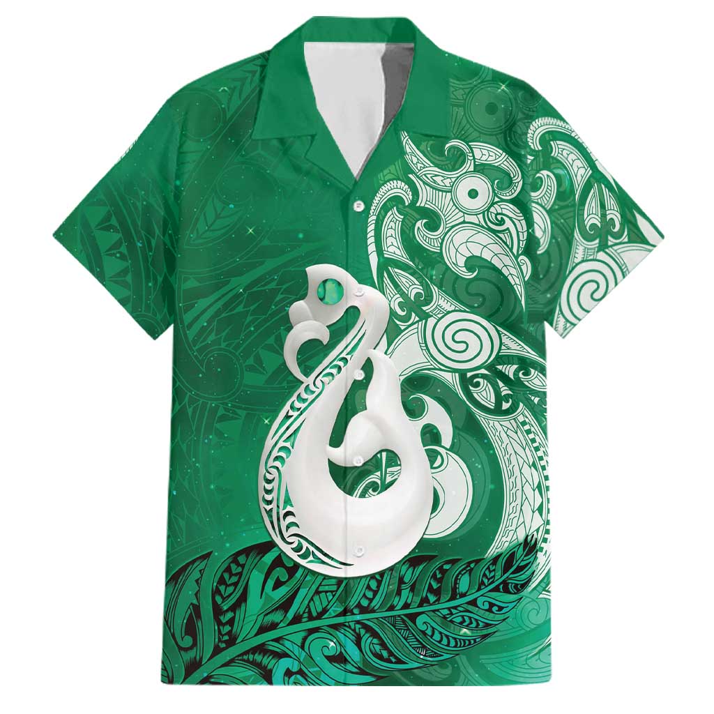 New Zealand Matariki Family Matching Long Sleeve Bodycon Dress and Hawaiian Shirt Maori Manaia Galaxy Silver Fern Green Color