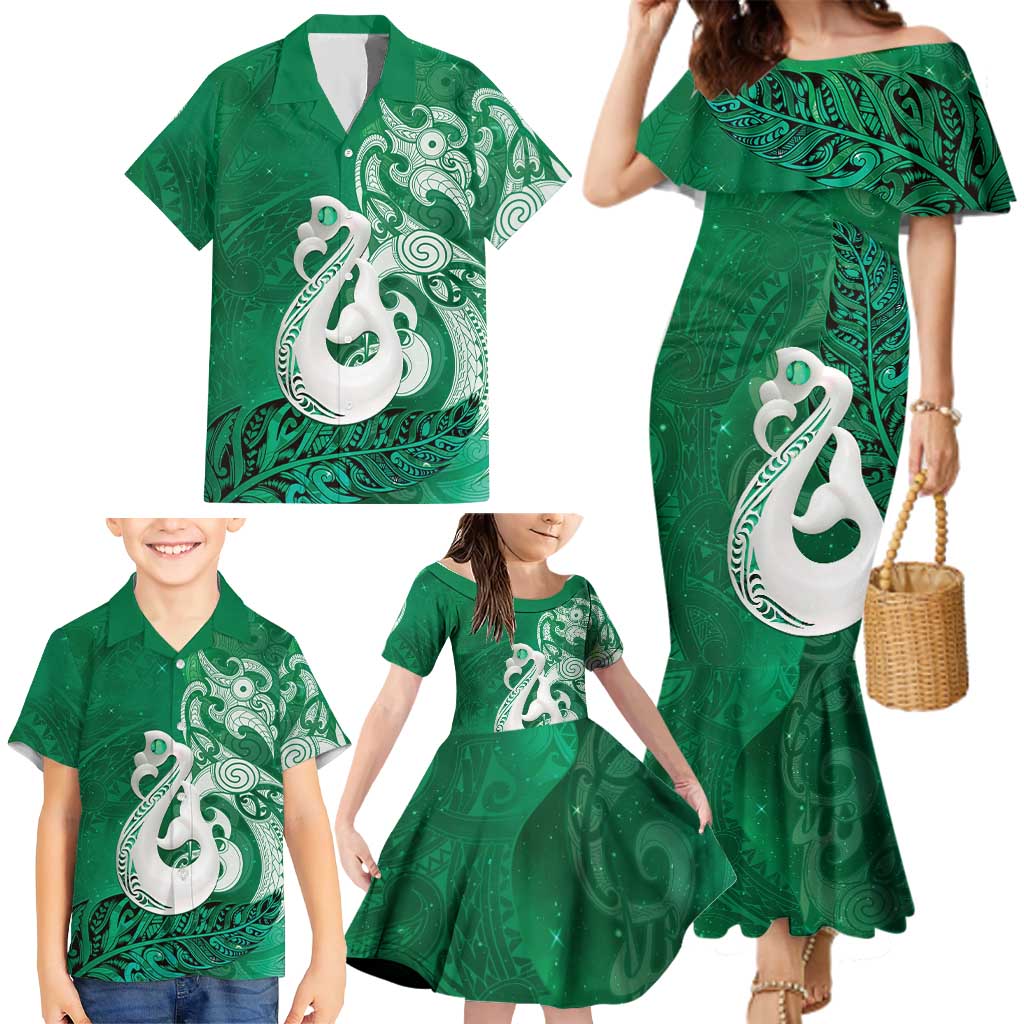 New Zealand Matariki Family Matching Mermaid Dress and Hawaiian Shirt Maori Manaia Galaxy Silver Fern Green Color