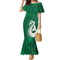 New Zealand Matariki Family Matching Mermaid Dress and Hawaiian Shirt Maori Manaia Galaxy Silver Fern Green Color