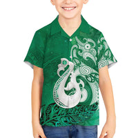 New Zealand Matariki Family Matching Mermaid Dress and Hawaiian Shirt Maori Manaia Galaxy Silver Fern Green Color
