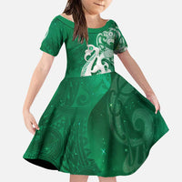 New Zealand Matariki Family Matching Off The Shoulder Long Sleeve Dress and Hawaiian Shirt Maori Manaia Galaxy Silver Fern Green Color