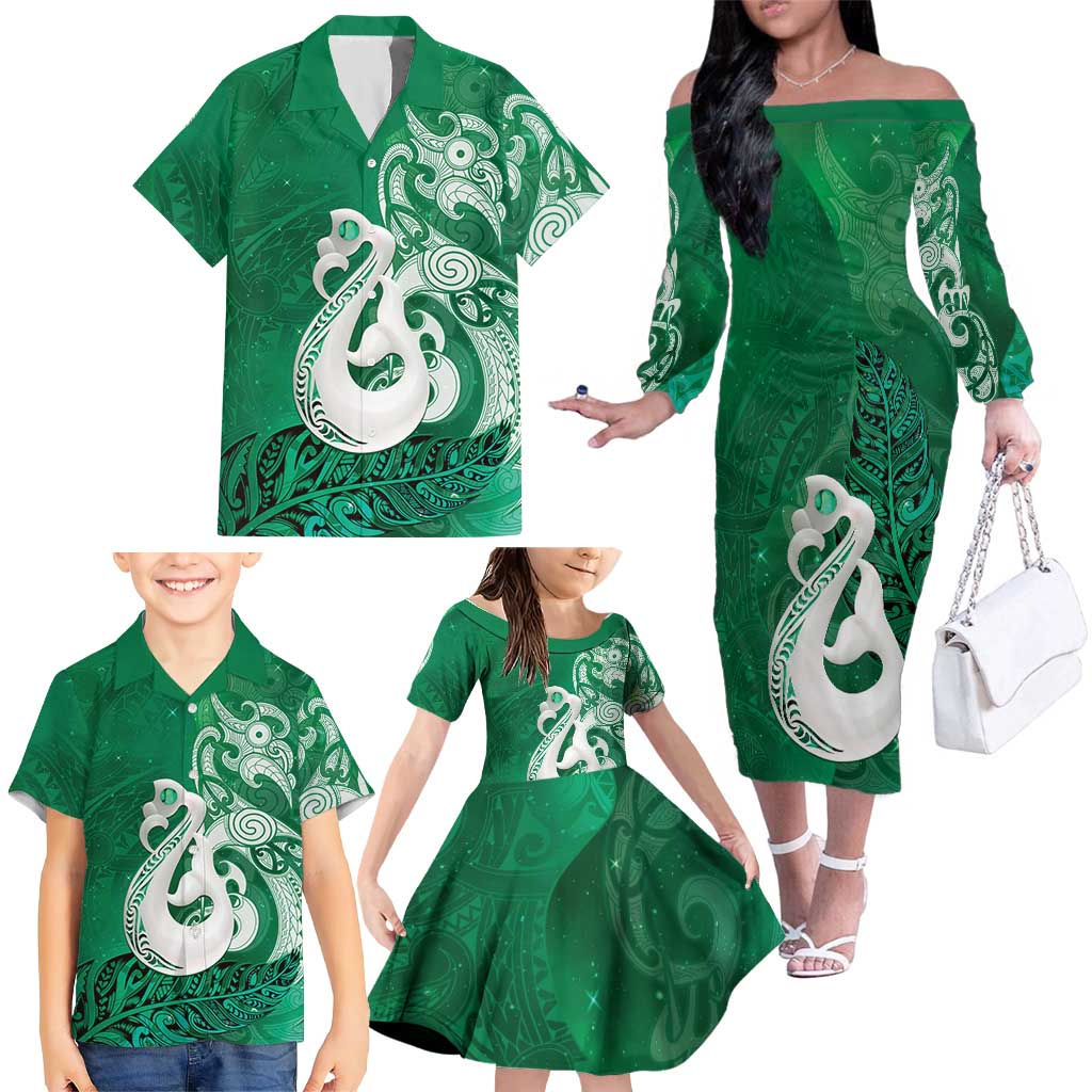 New Zealand Matariki Family Matching Off The Shoulder Long Sleeve Dress and Hawaiian Shirt Maori Manaia Galaxy Silver Fern Green Color