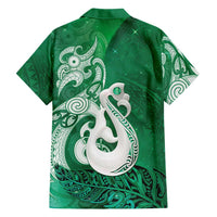 New Zealand Matariki Family Matching Off The Shoulder Long Sleeve Dress and Hawaiian Shirt Maori Manaia Galaxy Silver Fern Green Color