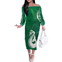 New Zealand Matariki Family Matching Off The Shoulder Long Sleeve Dress and Hawaiian Shirt Maori Manaia Galaxy Silver Fern Green Color