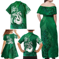 New Zealand Matariki Family Matching Off Shoulder Maxi Dress and Hawaiian Shirt Maori Manaia Galaxy Silver Fern Green Color