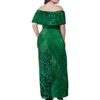 New Zealand Matariki Family Matching Off Shoulder Maxi Dress and Hawaiian Shirt Maori Manaia Galaxy Silver Fern Green Color