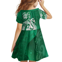 New Zealand Matariki Family Matching Off Shoulder Short Dress and Hawaiian Shirt Maori Manaia Galaxy Silver Fern Green Color