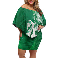 New Zealand Matariki Family Matching Off Shoulder Short Dress and Hawaiian Shirt Maori Manaia Galaxy Silver Fern Green Color