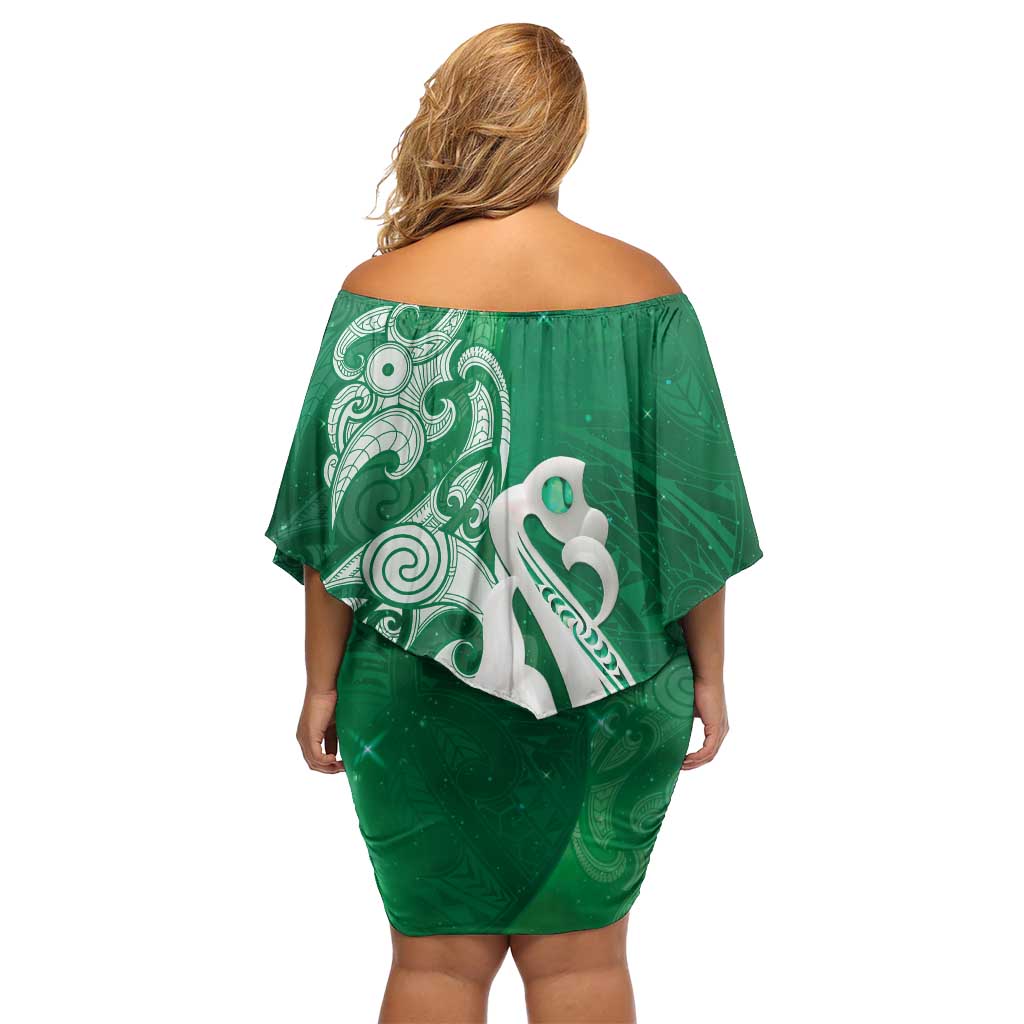 New Zealand Matariki Family Matching Off Shoulder Short Dress and Hawaiian Shirt Maori Manaia Galaxy Silver Fern Green Color