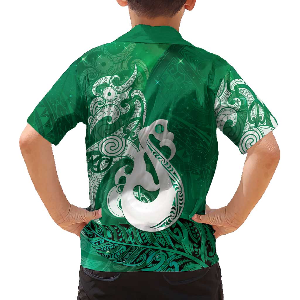New Zealand Matariki Family Matching Puletasi and Hawaiian Shirt Maori Manaia Galaxy Silver Fern Green Color