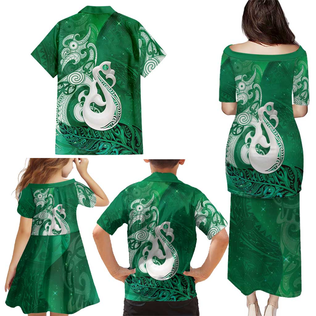 New Zealand Matariki Family Matching Puletasi and Hawaiian Shirt Maori Manaia Galaxy Silver Fern Green Color