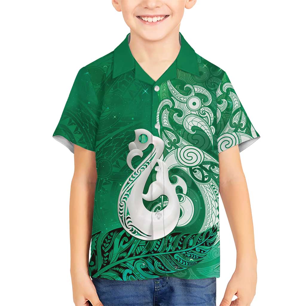 New Zealand Matariki Family Matching Puletasi and Hawaiian Shirt Maori Manaia Galaxy Silver Fern Green Color