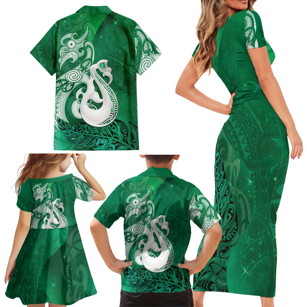 New Zealand Matariki Family Matching Short Sleeve Bodycon Dress and Hawaiian Shirt Maori Manaia Galaxy Silver Fern Green Color