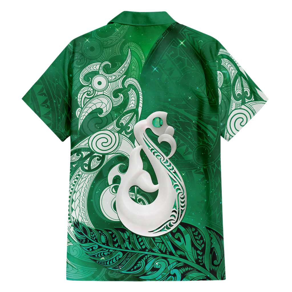 New Zealand Matariki Family Matching Short Sleeve Bodycon Dress and Hawaiian Shirt Maori Manaia Galaxy Silver Fern Green Color