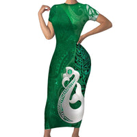 New Zealand Matariki Family Matching Short Sleeve Bodycon Dress and Hawaiian Shirt Maori Manaia Galaxy Silver Fern Green Color