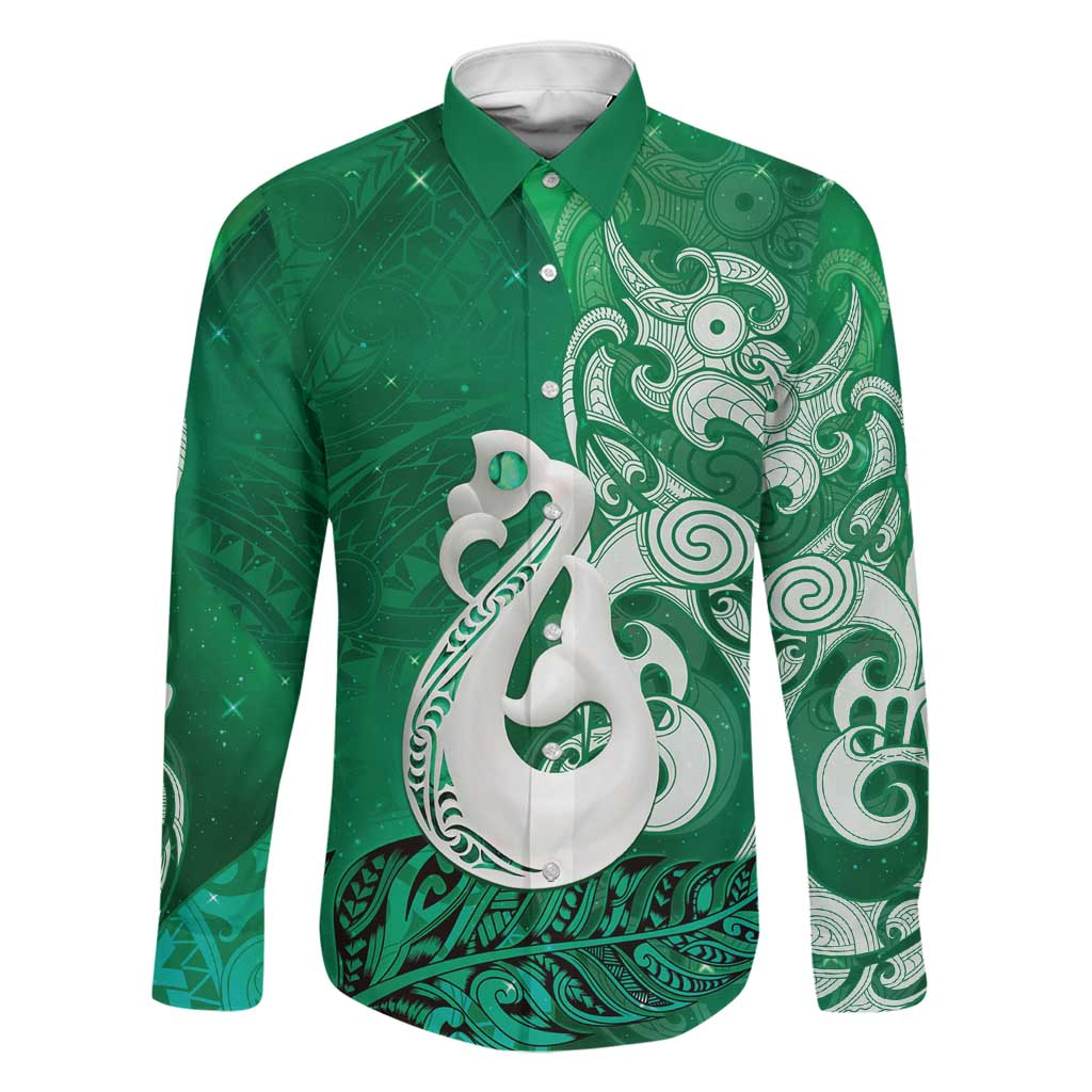 New Zealand Matariki Family Matching Summer Maxi Dress and Hawaiian Shirt Maori Manaia Galaxy Silver Fern Green Color