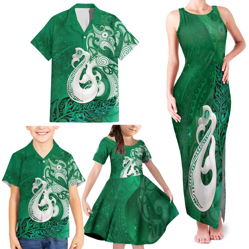 New Zealand Matariki Family Matching Tank Maxi Dress and Hawaiian Shirt Maori Manaia Galaxy Silver Fern Green Color